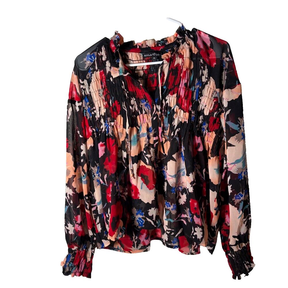 Attitude Unknown Blouse Women's XL Ruffle Long Sleeve Colorful Boho Top Shirt